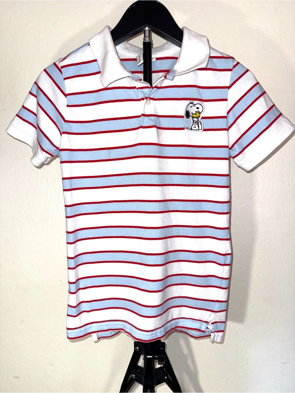 Janie and Jack red, white, and blue striped polo with Snoopy appliqué, size 10
